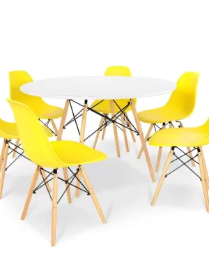 Kit Mesa Jantar Eiffel 120cm Branca + 6 Cadeiras Charles Eames Amarela