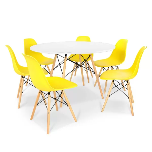 Kit Mesa Jantar Eiffel 120cm Branca + 6 Cadeiras Charles Eames Amarela
