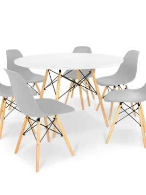 Kit Mesa Jantar Eiffel 120cm Branca + 6 Cadeiras Charles Eames Cinza