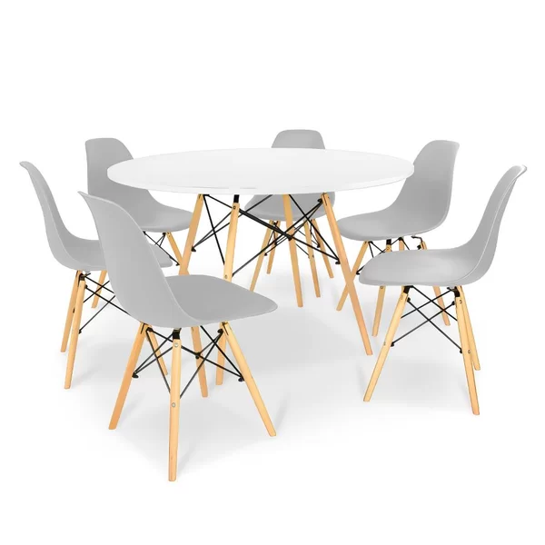 Kit Mesa Jantar Eiffel 120cm Branca + 6 Cadeiras Charles Eames Cinza