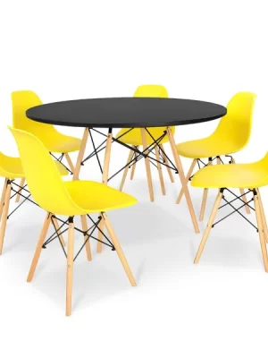 Kit Mesa Jantar Eiffel 120cm Preta + 6 Cadeiras Charles Eames Amarela