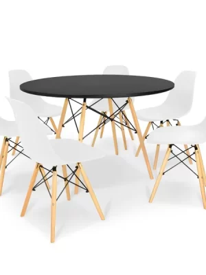Kit Mesa Jantar Eiffel 120cm Preta + 6 Cadeiras Charles Eames Branca