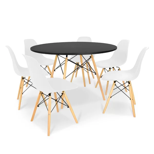 Kit Mesa Jantar Eiffel 120cm Preta + 6 Cadeiras Charles Eames Branca