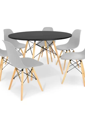 Kit Mesa Jantar Eiffel 120cm Preta + 6 Cadeiras Charles Eames Cinza