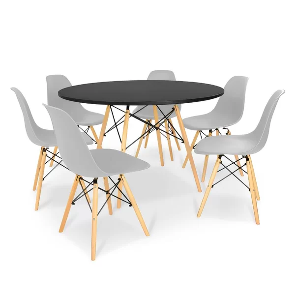 Kit Mesa Jantar Eiffel 120cm Preta + 6 Cadeiras Charles Eames Cinza