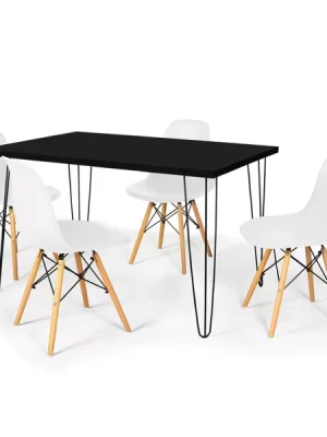 Conjunto Mesa de Jantar Hairpin 130x80 Preta com 4 Cadeiras Eames Eiffel Branco