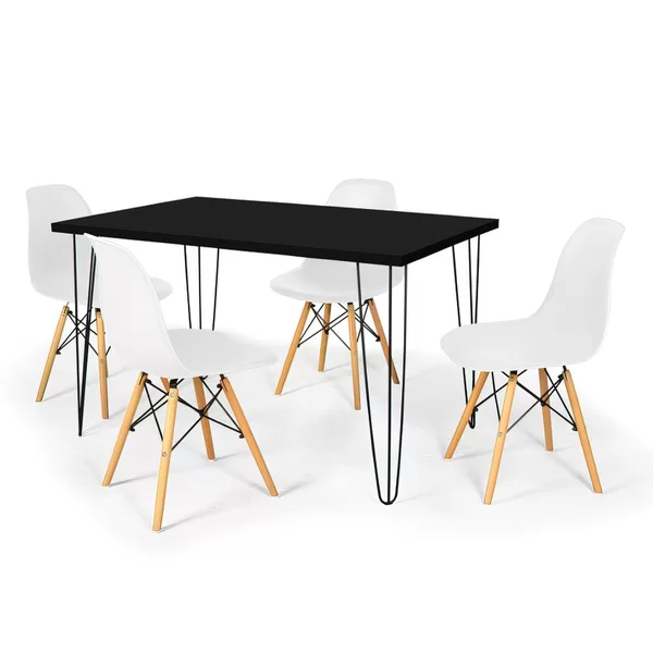 Conjunto Mesa de Jantar Hairpin 130x80 Preta com 4 Cadeiras Eames Eiffel Branco