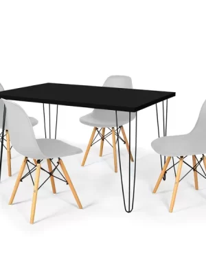 Conjunto Mesa de Jantar Hairpin 130x80 Preta com 4 Cadeiras Eames Eiffel Cinza