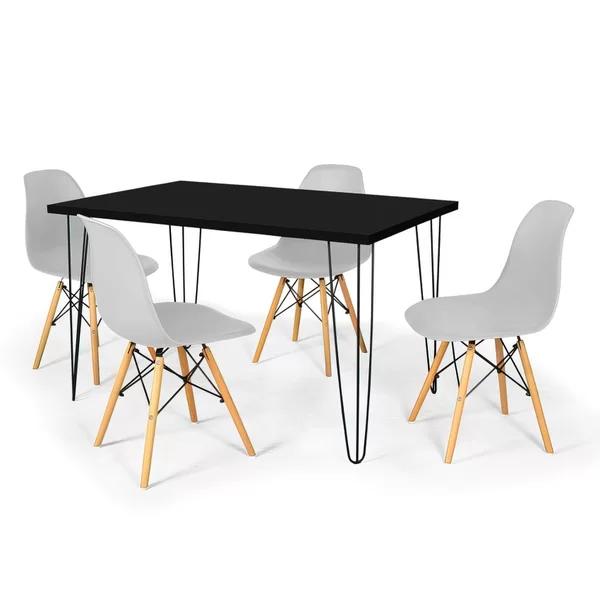 Conjunto Mesa de Jantar Hairpin 130x80 Preta com 4 Cadeiras Eames Eiffel Cinza