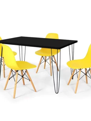Conjunto Mesa de Jantar Hairpin 130x80 Preta com 4 Cadeiras Eames Eiffel Amarelo