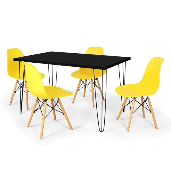 Conjunto Mesa de Jantar Hairpin 130x80 Preta com 4 Cadeiras Eames Eiffel Amarelo