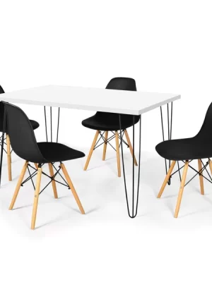 Conjunto Mesa de Jantar Hairpin 130x80 Branca com 4 Cadeiras Eames Eiffel Preto