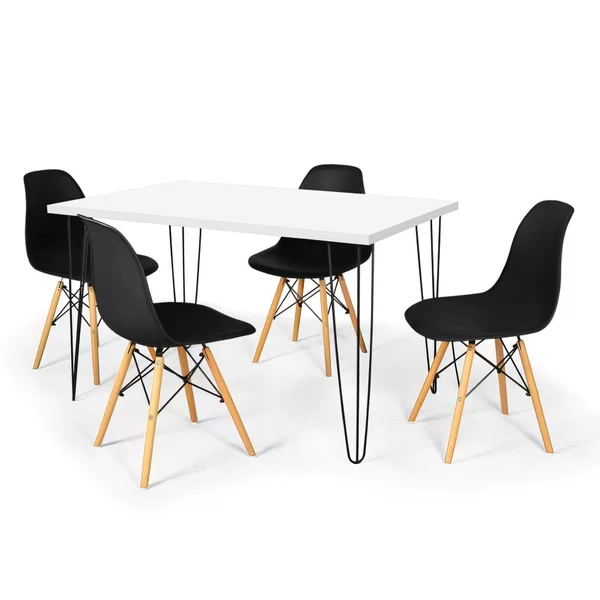 Conjunto Mesa de Jantar Hairpin 130x80 Branca com 4 Cadeiras Eames Eiffel Preto