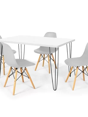 Conjunto Mesa de Jantar Hairpin 130x80 Branca com 4 Cadeiras Eames Eiffel Cinza