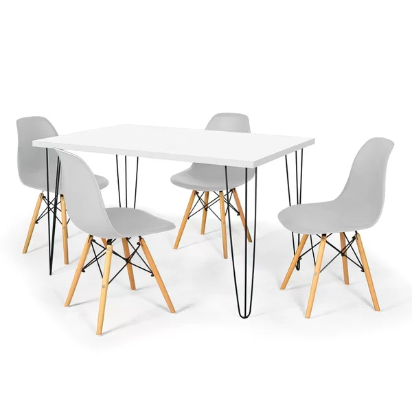 Conjunto Mesa de Jantar Hairpin 130x80 Branca com 4 Cadeiras Eames Eiffel Cinza