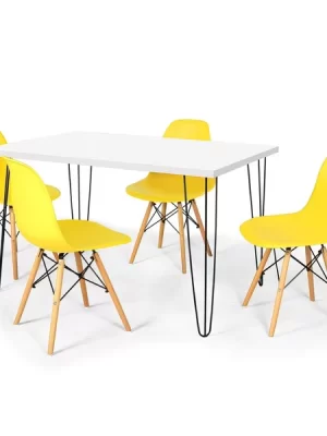 Conjunto Mesa de Jantar Hairpin 130x80 Branca com 4 Cadeiras Eames Eiffel Amarelo