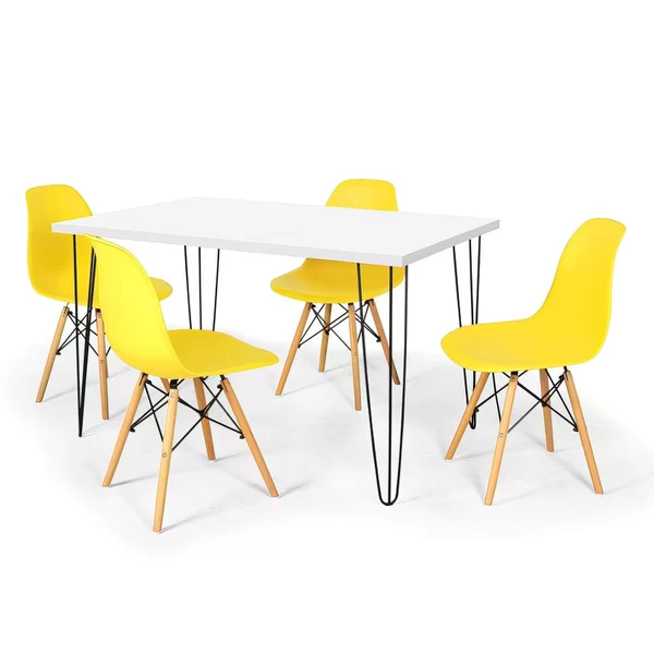 Conjunto Mesa de Jantar Hairpin 130x80 Branca com 4 Cadeiras Eames Eiffel Amarelo