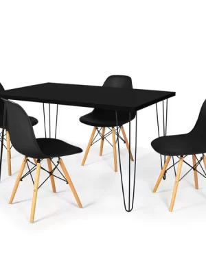 Conjunto Mesa de Jantar Hairpin 130x80 Preta com 4 Cadeiras Eames Eiffel Preto