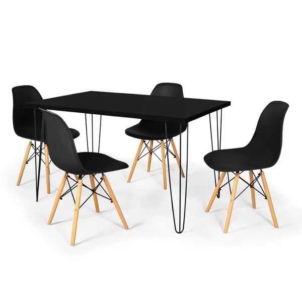 Conjunto Mesa de Jantar Hairpin 130x80 Preta com 4 Cadeiras Eames Eiffel Preto