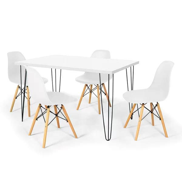 Conjunto Mesa de Jantar Hairpin 130x80 Branca com 4 Cadeiras Eames Eiffel Branco