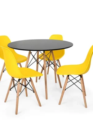 Conjunto Mesa de Jantar Eiffel 90cm Preta + 4 Cadeiras Charles Eames Amarela