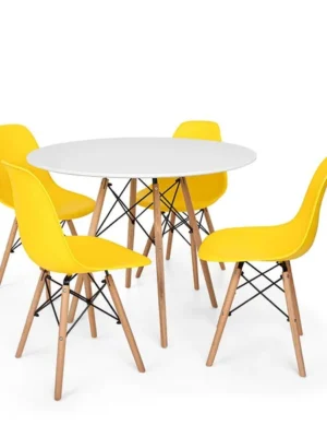 Conjunto Mesa de Jantar Eiffel 90cm Branca + 4 Cadeiras Charles Eames Amarela