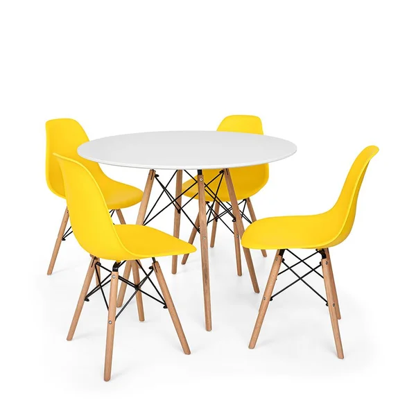 Conjunto Mesa de Jantar Eiffel 90cm Branca + 4 Cadeiras Charles Eames Amarela