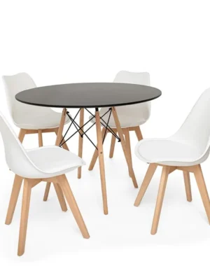 Kit Mesa Jantar Eiffel 120cm Preta + 04 Cadeiras Saarinen Branca