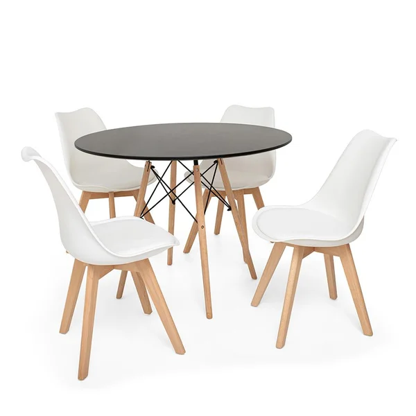 Kit Mesa Jantar Eiffel 120cm Preta + 04 Cadeiras Saarinen Branca